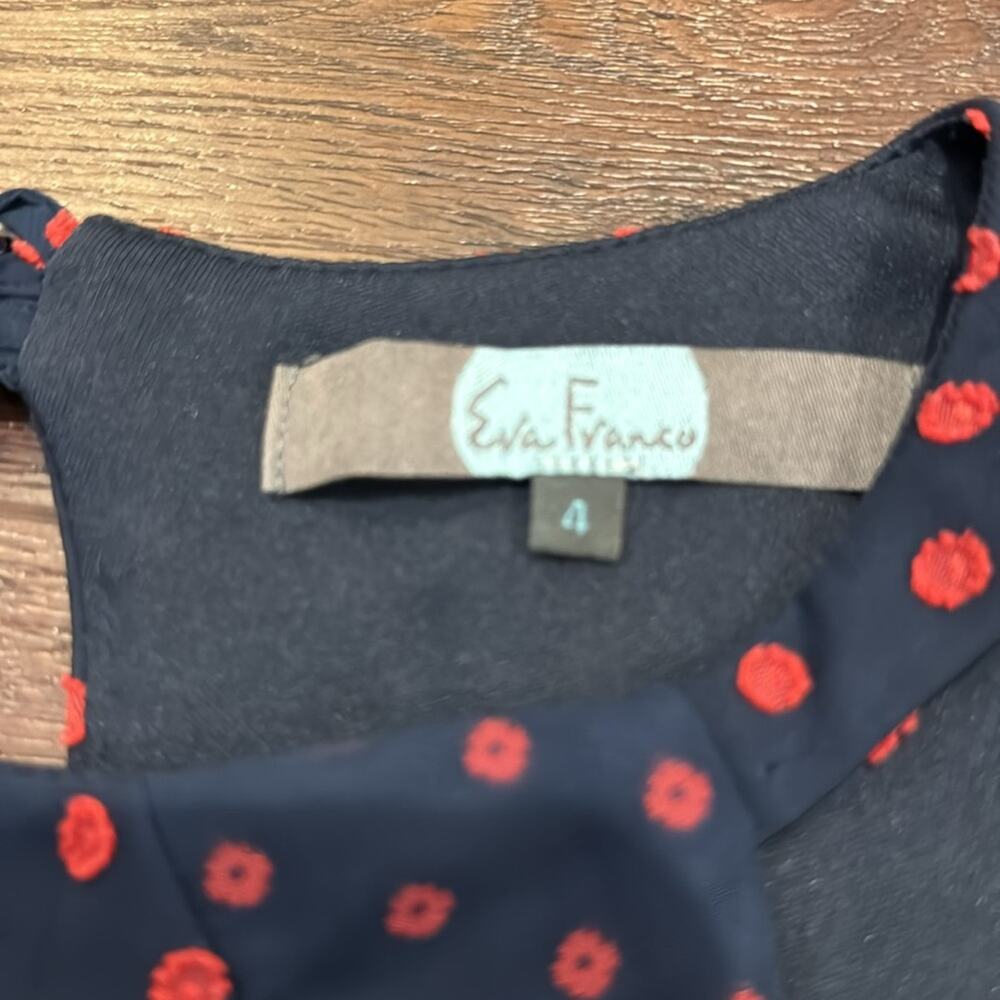 Eva Franco Women's Mary Ann lined Ruffle Dress in Navy/Red Polka Dots. - Picture 4 of 8